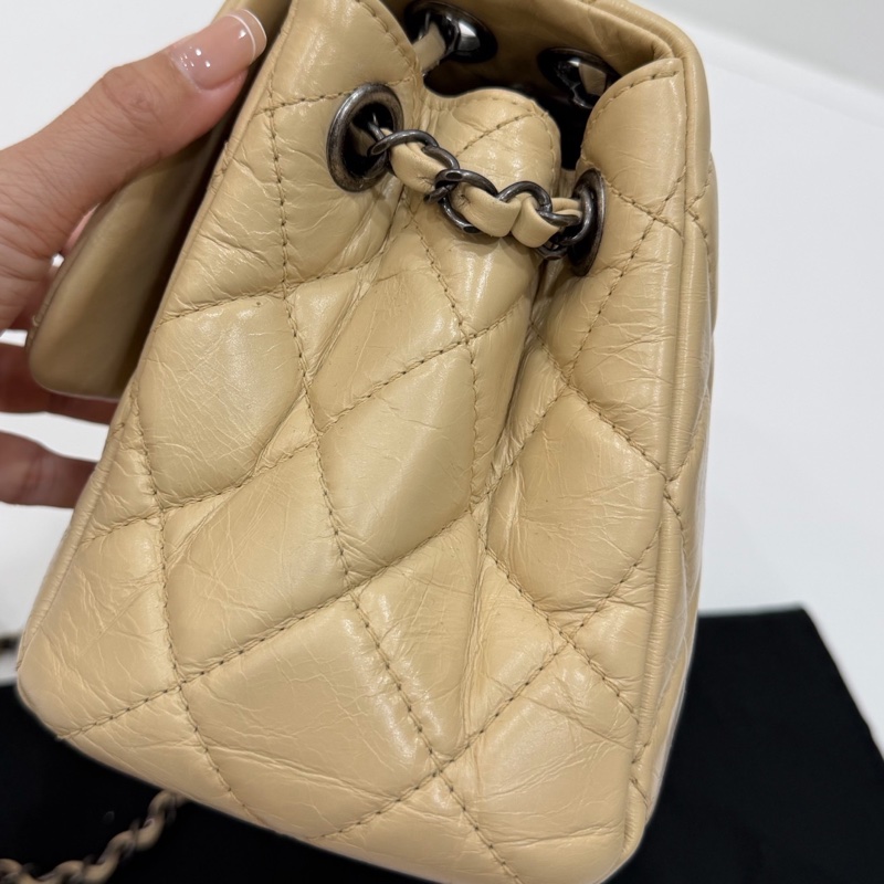 CHANEL 香奈兒 GO GO CF 油蠟牛皮 奶茶色 斜背包 肩背包 側背包 鍊條包 手提包-28