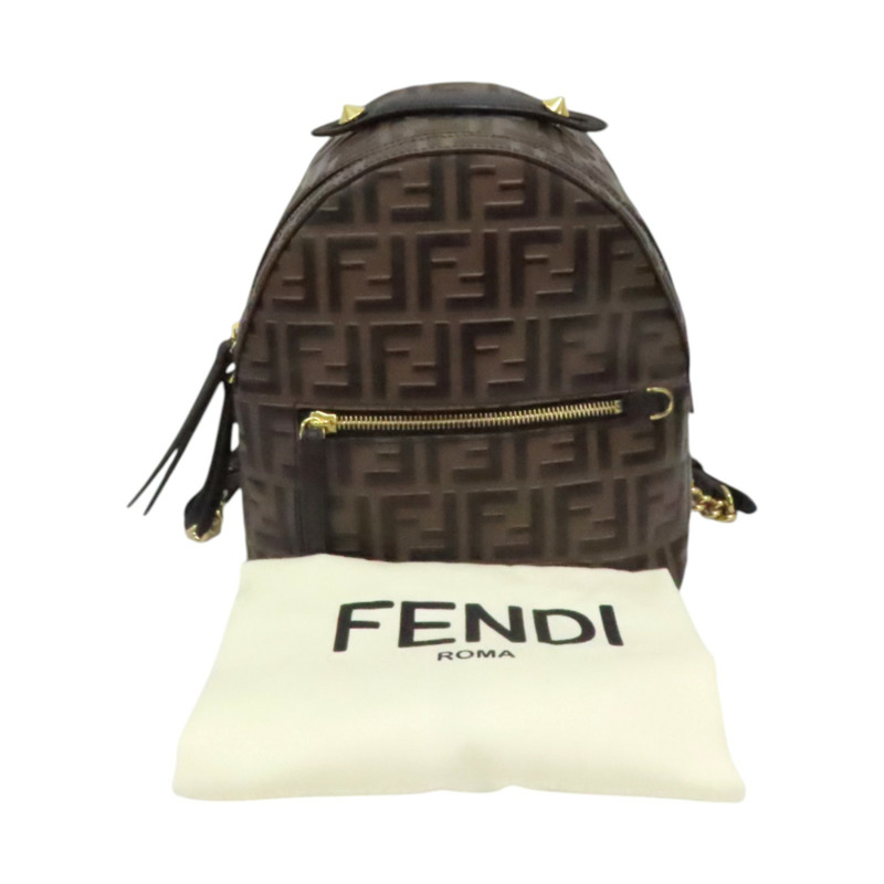 棕色 牛皮 黑色 LOGO 後背包【FENDI 芬迪】 8BZ038-7