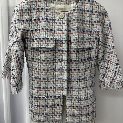 Chanel香奈兒vintage中古外套粗花呢清爽藍白配色馬卡龍雙C連結7分袖喇叭袖復古外套