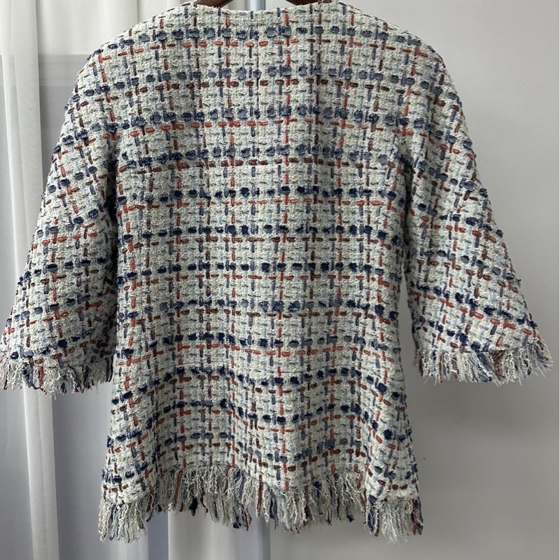 Chanel香奈兒vintage中古外套粗花呢清爽藍白配色馬卡龍雙C連結7分袖喇叭袖復古外套-1