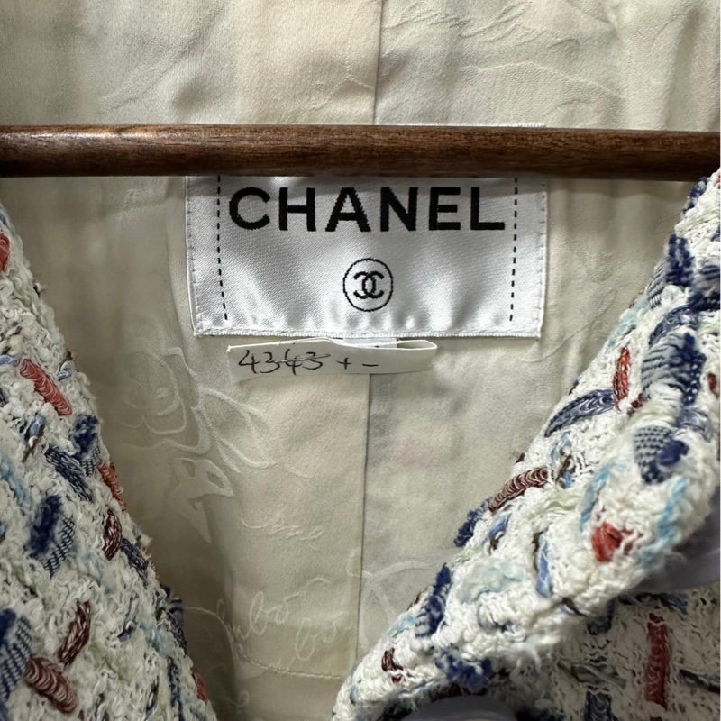 Chanel香奈兒vintage中古外套粗花呢清爽藍白配色馬卡龍雙C連結7分袖喇叭袖復古外套-2