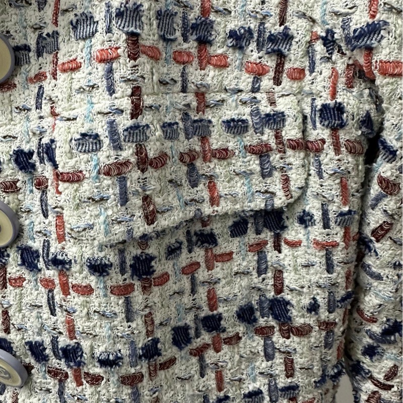 Chanel香奈兒vintage中古外套粗花呢清爽藍白配色馬卡龍雙C連結7分袖喇叭袖復古外套-3