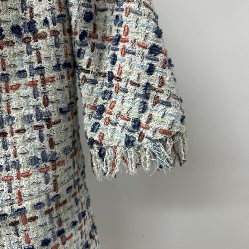 Chanel香奈兒vintage中古外套粗花呢清爽藍白配色馬卡龍雙C連結7分袖喇叭袖復古外套-4