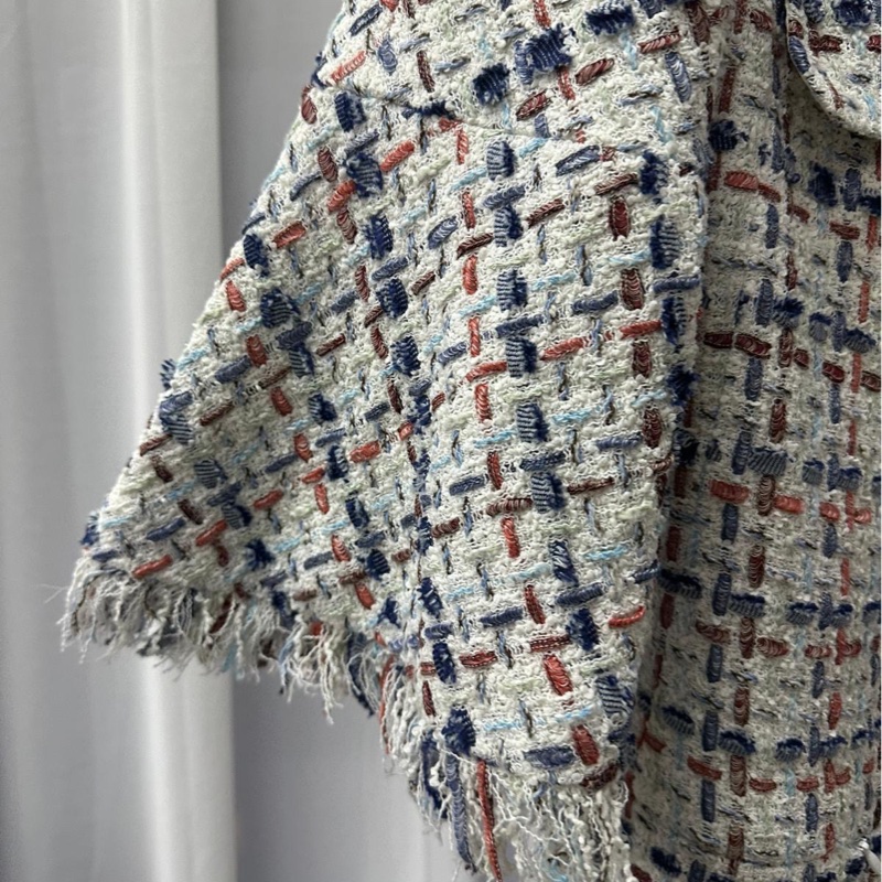 Chanel香奈兒vintage中古外套粗花呢清爽藍白配色馬卡龍雙C連結7分袖喇叭袖復古外套-5