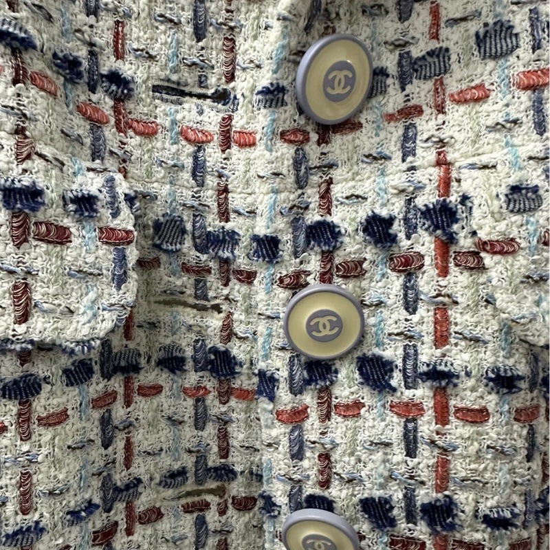 Chanel香奈兒vintage中古外套粗花呢清爽藍白配色馬卡龍雙C連結7分袖喇叭袖復古外套-6