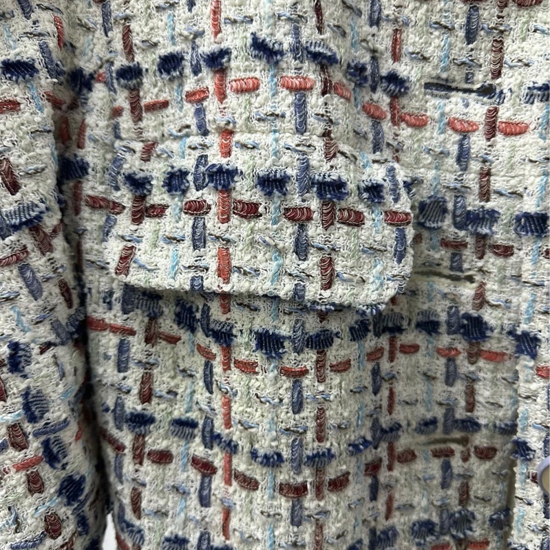 Chanel香奈兒vintage中古外套粗花呢清爽藍白配色馬卡龍雙C連結7分袖喇叭袖復古外套-8