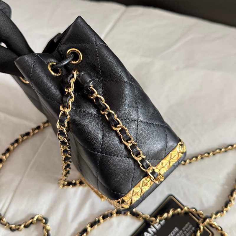 99新Chanel香奈兒22s 黑金mini抽繩水桶包 鏈條斜挎包32開有卡-2