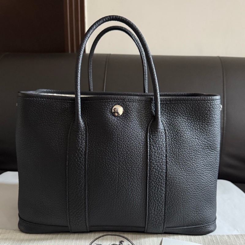 99新Hermes爱马仕 黑银garden party花园30手提包Z刻有尘袋-0