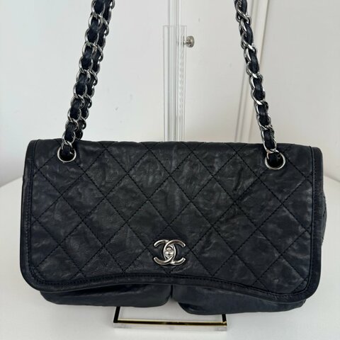 香奈兒/Chanel 黑銀牛皮雙口袋機場鏈條包