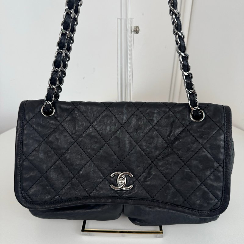 香奈兒/Chanel 黑銀牛皮雙口袋機場鏈條包-5