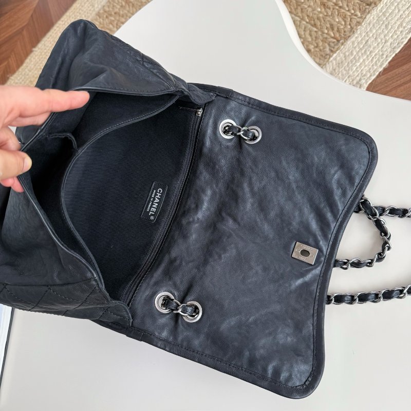 香奈兒/Chanel 黑銀牛皮雙口袋機場鏈條包-8