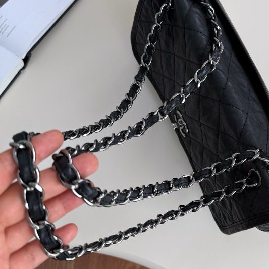 香奈兒/Chanel 黑銀牛皮雙口袋機場鏈條包-10