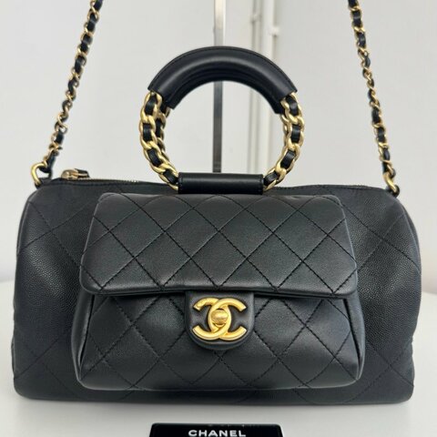 閒置新 香奈兒/Chanel 黑金小號 顆粒牛皮 圓柄保齡球波士頓包