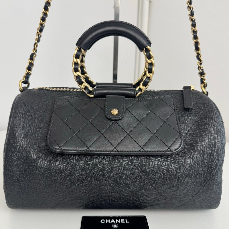 閒置新 香奈兒/Chanel 黑金小號 顆粒牛皮 圓柄保齡球波士頓包-1