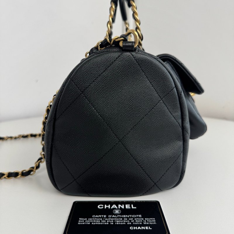 閒置新 香奈兒/Chanel 黑金小號 顆粒牛皮 圓柄保齡球波士頓包-2