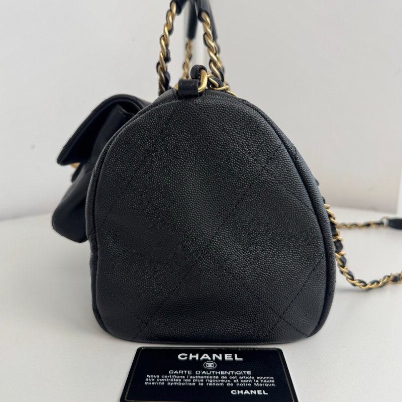 閒置新 香奈兒/Chanel 黑金小號 顆粒牛皮 圓柄保齡球波士頓包-3