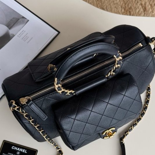 閒置新 香奈兒/Chanel 黑金小號 顆粒牛皮 圓柄保齡球波士頓包-4