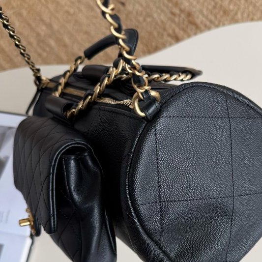 閒置新 香奈兒/Chanel 黑金小號 顆粒牛皮 圓柄保齡球波士頓包-12