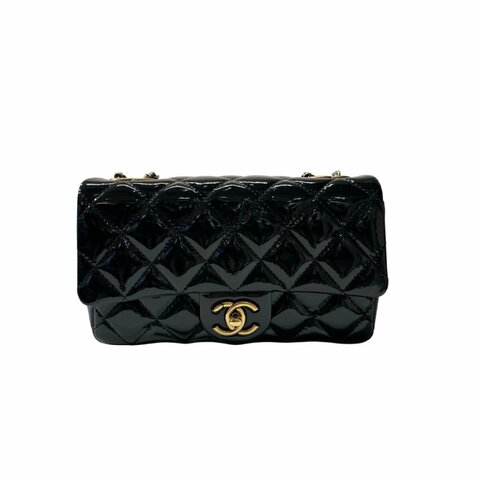Used CHANEL Patent Leather MINI FLAP 20 CM Chain Shoulder Bag Navy Blue GHW