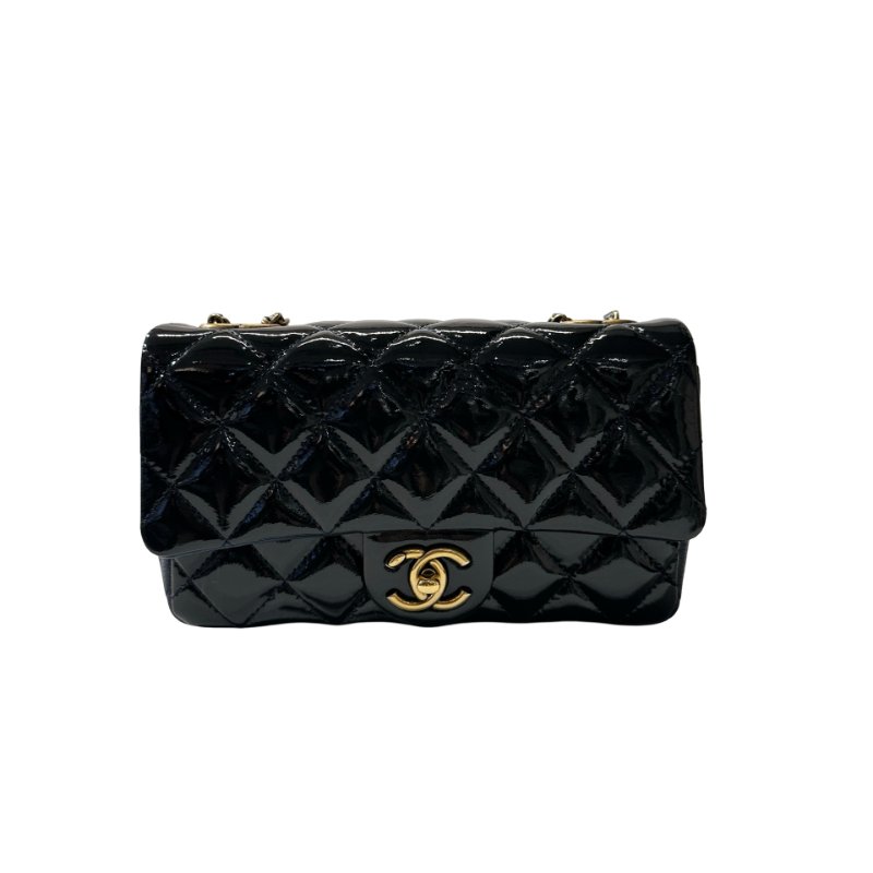 Used CHANEL Patent Leather MINI FLAP 20 CM Chain Shoulder Bag Navy Blue GHW-0