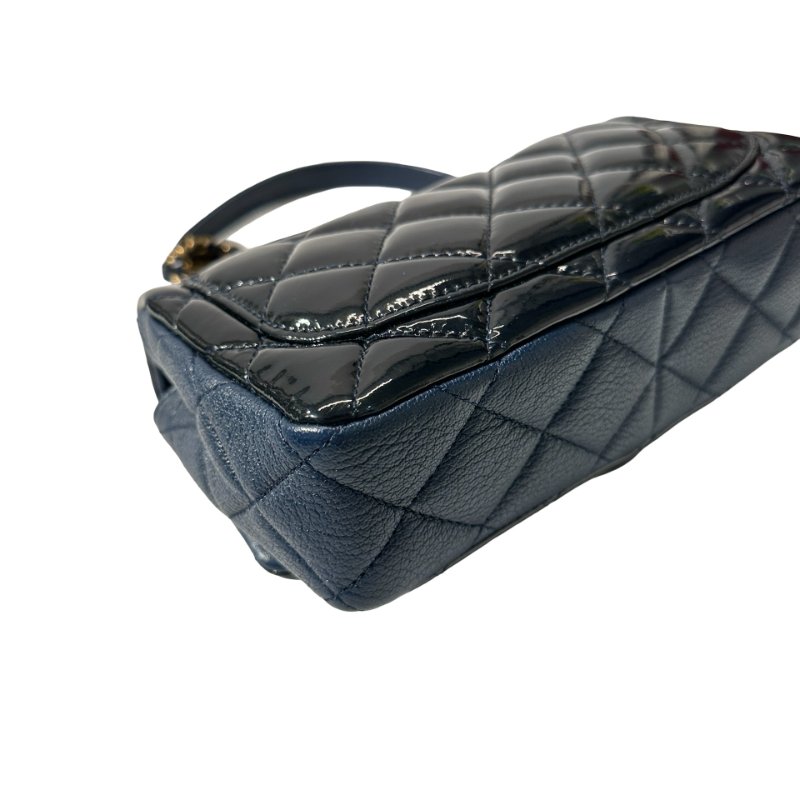 Used CHANEL Patent Leather MINI FLAP 20 CM Chain Shoulder Bag Navy Blue GHW-2