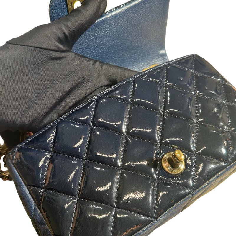 Used CHANEL Patent Leather MINI FLAP 20 CM Chain Shoulder Bag Navy Blue GHW-5