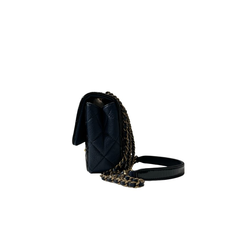 Used CHANEL Patent Leather MINI FLAP 20 CM Chain Shoulder Bag Navy Blue GHW-7