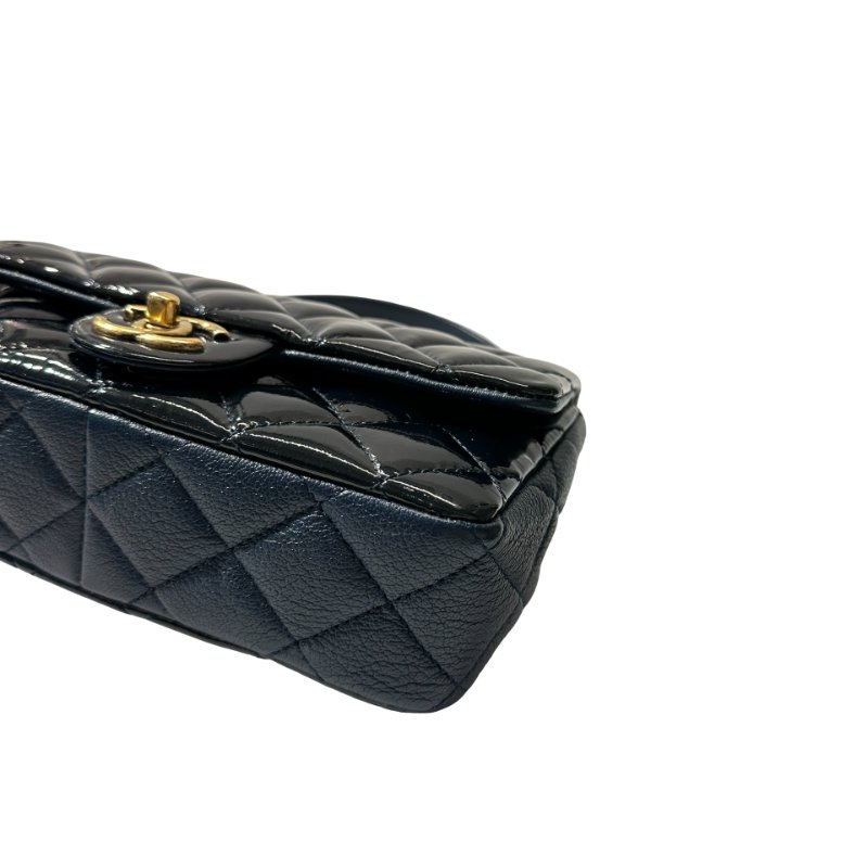 Used CHANEL Patent Leather MINI FLAP 20 CM Chain Shoulder Bag Navy Blue GHW-12