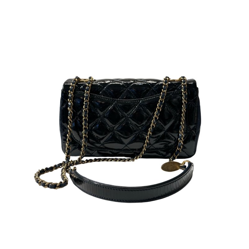 Used CHANEL Patent Leather MINI FLAP 20 CM Chain Shoulder Bag Navy Blue GHW-14