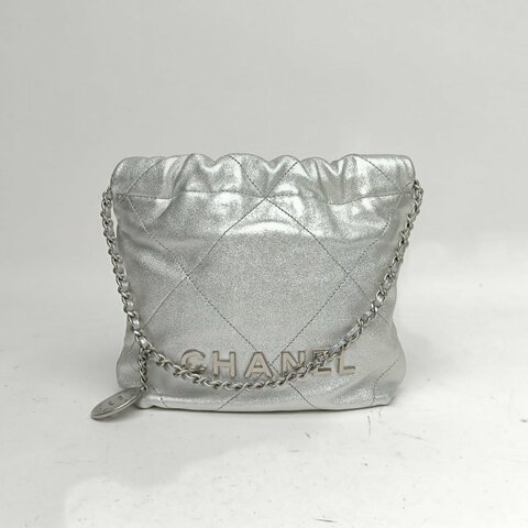 CHANEL 22BagTote托特包Mini銀色牛皮晶片銀扣肩背包