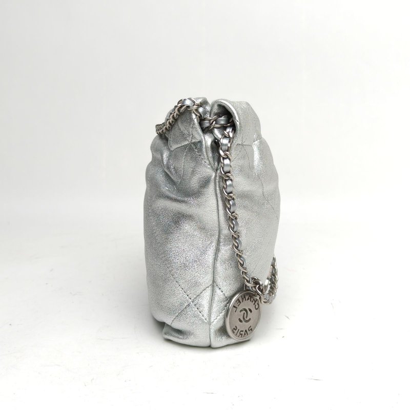 CHANEL 22BagTote托特包Mini銀色牛皮晶片銀扣肩背包-3