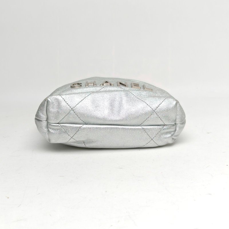 CHANEL 22BagTote托特包Mini銀色牛皮晶片銀扣肩背包-4