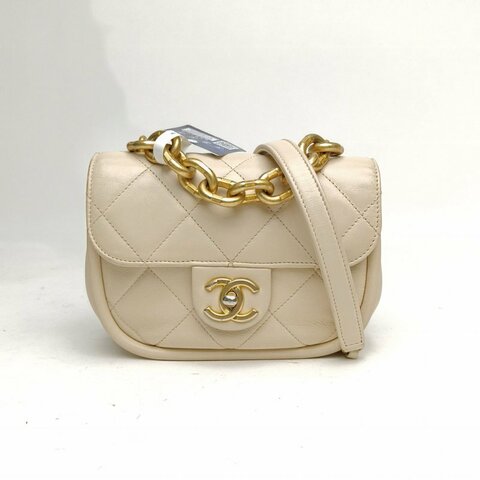 CHANEL 白色牛皮晶片開金扣鏈條手柄馬鞍包肩背包
