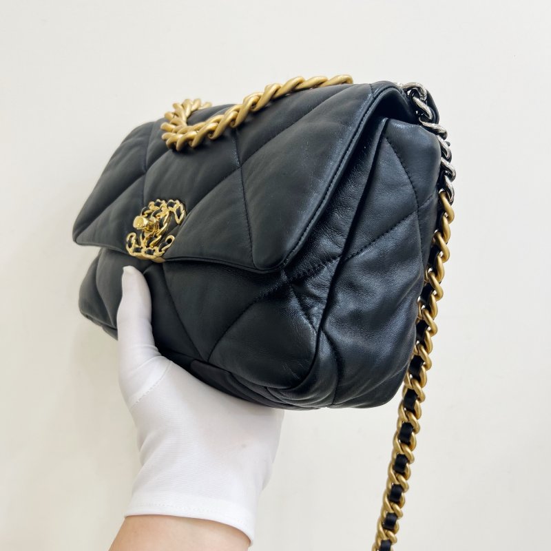 芯片款 香奈兒/Chanel 19Bag 菱格小號黑金羊皮 手提肩背斜背包-2