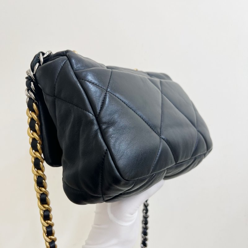 芯片款 香奈兒/Chanel 19Bag 菱格小號黑金羊皮 手提肩背斜背包-3