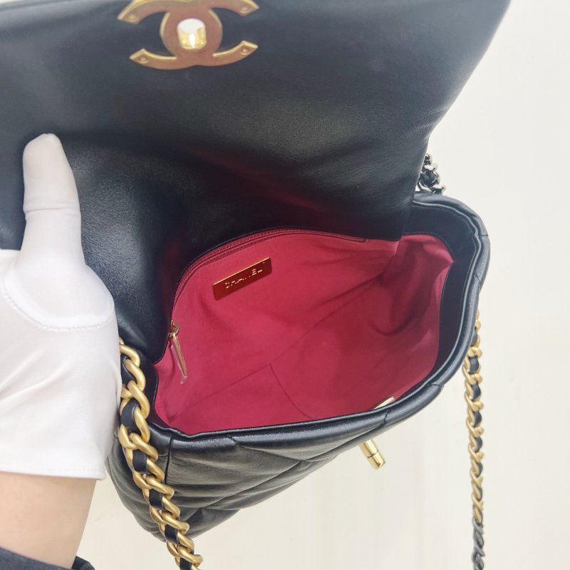 芯片款 香奈兒/Chanel 19Bag 菱格小號黑金羊皮 手提肩背斜背包-4
