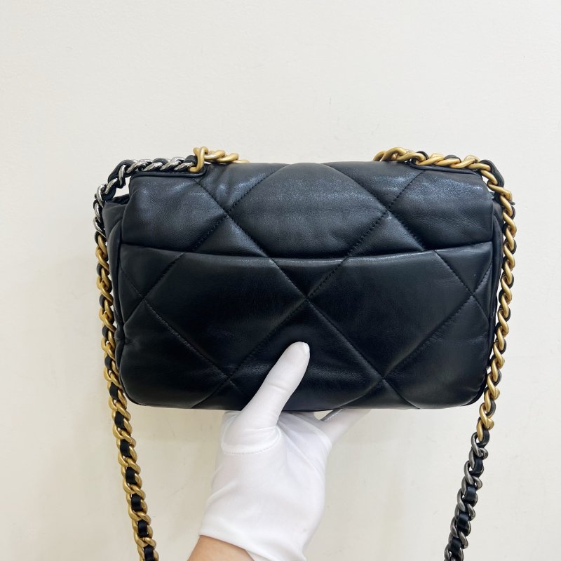 芯片款 香奈兒/Chanel 19Bag 菱格小號黑金羊皮 手提肩背斜背包-6