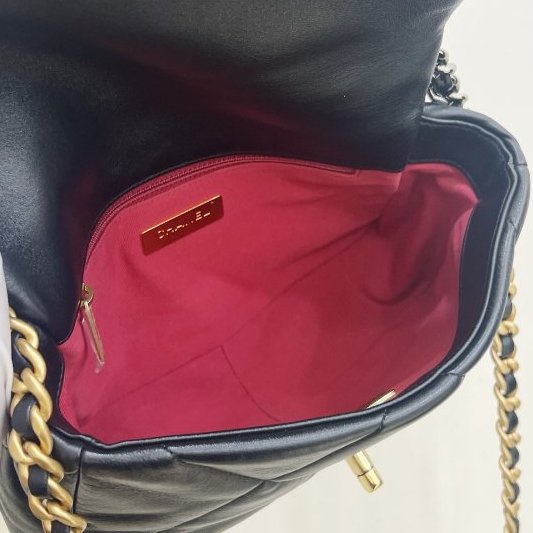 芯片款 香奈兒/Chanel 19Bag 菱格小號黑金羊皮 手提肩背斜背包-7