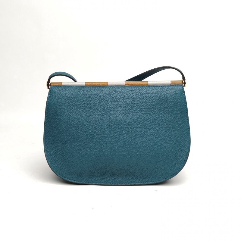 HERMES 1P鴨子藍TC皮D刻金扣SacSaut騎士包肩背包-2