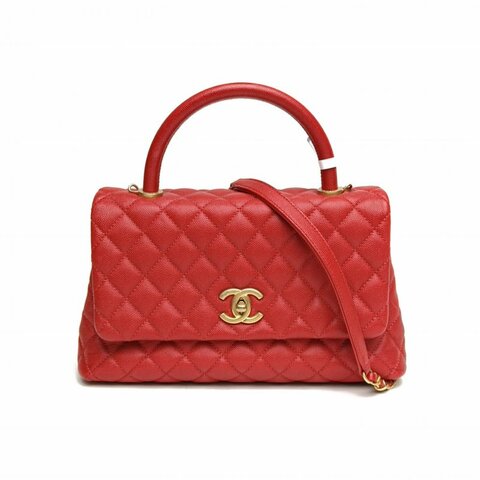 CHANEL CocoHandle中號紅色荔枝牛皮25開金扣肩背包