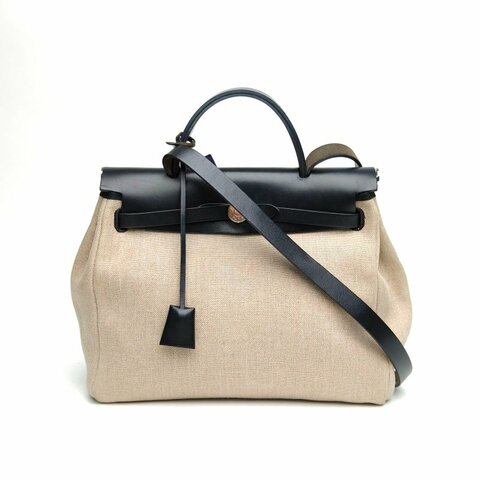 HERMES Herbag31米色拼黑色帆布/牛皮Y刻銀扣肩背包