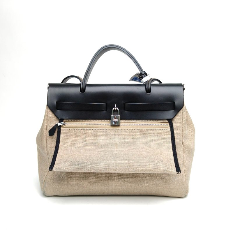 HERMES Herbag31米色拼黑色帆布/牛皮Y刻銀扣肩背包-2