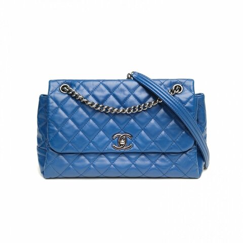 CHANEL 藍色牛皮20開銀扣菱格紋外縫線機場包鏈條包肩背包