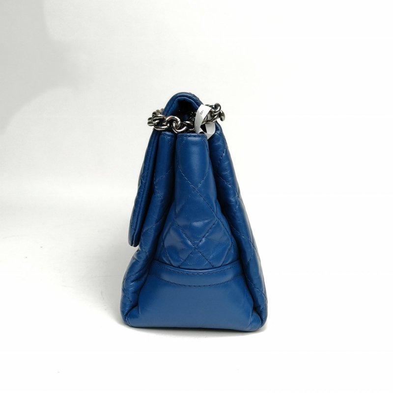 CHANEL 藍色牛皮20開銀扣菱格紋外縫線機場包鏈條包肩背包-1