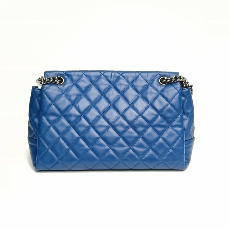 CHANEL 藍色牛皮20開銀扣菱格紋外縫線機場包鏈條包肩背包-2