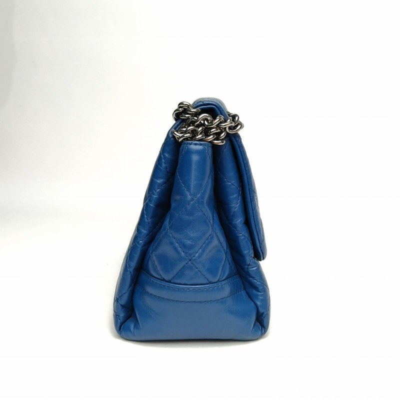 CHANEL 藍色牛皮20開銀扣菱格紋外縫線機場包鏈條包肩背包-3