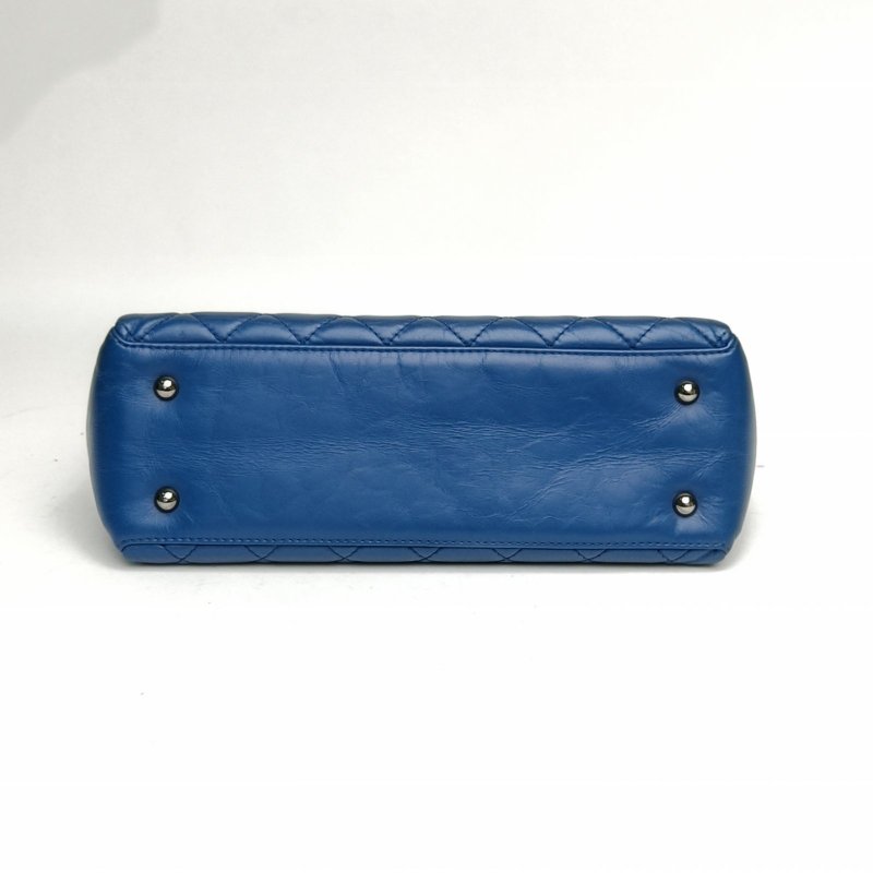 CHANEL 藍色牛皮20開銀扣菱格紋外縫線機場包鏈條包肩背包-4