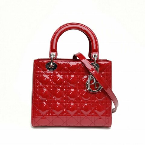 DIOR Lady戴妃包五格紅色漆皮銀扣2013肩背包