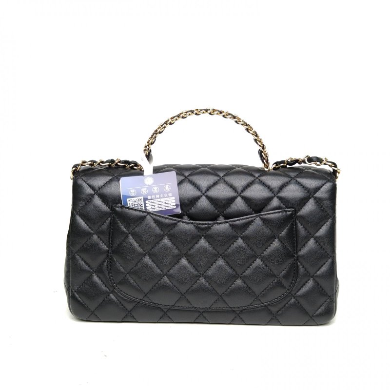 CHANEL 23KCf口蓋包編織手柄黑色羊皮晶片開扣肩背包-2