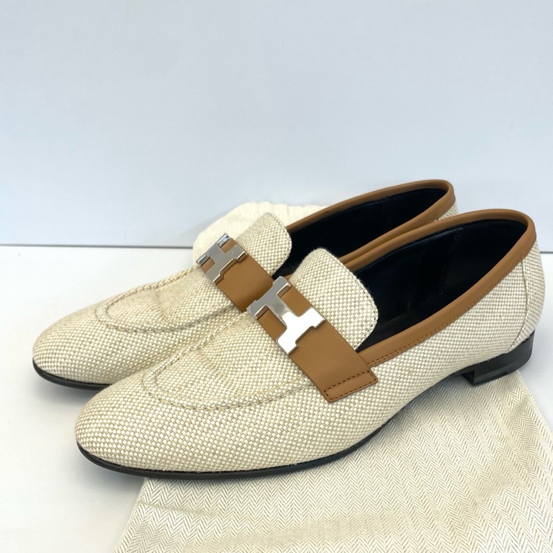 Hermès 愛馬仕 Oran織物帆布拼皮樂福鞋 37.5碼 配塵袋-0